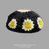 Berets Korean Handmade Crochet Flower Knitted Beret Women's Autumn And Winter Retro Sweet Warm Hollow Girl Painter Hat Boina Casquette