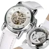腕時計女性の時計自動メカニカルスケルトン腕時計自己巻線ギフトホワイトレザーストラップレディ