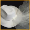 Berets branco elegante cowgirl chapéu com véu noiva casamento po traje adereços verão ao ar livre mulheres ocidentais cowboy bonés