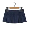 Skirts 2023 Bazaleas Y2K Navy Blue Stripe Pleated Mini Skirt Sexy Buckle Belt Low Waist Summer