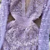 Casual Dresses High Quality Lilac Purple Lace Patchwork Mesh Dress For Women Vestidos Elegantes Para Mujer Embroidery See-through Slim