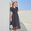 Casual Dresses Navy Polka Dot Chiffon Silk Floral Maxi Dress Women 2023 Summer Long Work Beach Office Sexy Party Luxury Plus Size