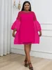 Plus Size Dresses Women Shift Dress See Through Patchwork 3 Layers Bell Sleeve Tulle Cover Robes Elegant Fashion Pink