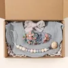 Hair Accessories 4Pcs/Set Flower Print Baby Bib Headband Elastic Nylon Band Food Grade Silicone Beads Pacifier Clip Chain Gift Box For