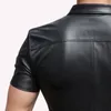 T-shirts pour hommes Stretch Black Matter Cuir Hommes Manches courtes Col montant Chemise Bodycon PU Business Top Hip Hop Discothèque Party Blouse