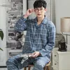 Men's Sleepwear Cotton Men Pajamas Blue Plaid Spring Home Wear Pijamas Set 2 Pieces Bedroom Pjs Long Sleeve Autumn Pyjamas Pant Suits