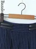 Skirts 2023 Bazaleas Y2K Navy Blue Stripe Pleated Mini Skirt Sexy Buckle Belt Low Waist Summer