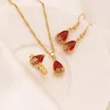 Goccia d'acqua Set di gioielli in cristallo rosso Collana con ciondolo Orecchini Anello in oro massiccio 24k fine GF cz grande gemma rettangolare con canale2825