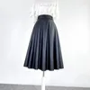 Kjolar 2023 vinterkoreansk stil mode vintage elegant pu faux läder hög midja lång veckad svart kjol y2k kontor arbete slitage