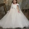 Kız Elbise Yay Kolları Çiçek Elbise Glitter Krep Boncuklu Kemer Dantel Yukarı Bebek Doğum Günü Düğün Prenses Partisi İlk Cemaat Elbise