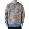 Herrtröjor Autumn Winter Men tröja färgblock stickad tjock geometrisk tryck lös varm o hals långärmad pullover streetwear