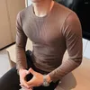 Herr t-skjortor herrar avslappnad långärmad ribbad t-shirt rund hals stretch pullover muskel toppar mode klassiska fitness tees kläder