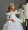 Robes de fille paillettes Tulle moelleux robe à fleurs blanches paillettes perles dentelle pour mariage robe de bal anniversaire enfant sainte Communion