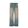 Erkek kot pantolon el yapımı sıkıntılı çamur boyalı kirli bülbeli mavi erkekler için düz gündelik tulumlar harajuku gevşek denim pantolon