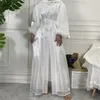 Ethnic Clothing Shiny Silk Satin Open Abaya Kimono Kaftan Lantern Sleeves Cardigan Muslim Hijab Dress Saudi Abayas For Women Dubai Turkey