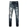 Groothandel goedkopere mannen brief borduurwerk gat patch slim fit blauwe skinny jeans jeugd amiryes plus size