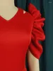 Plus -klänningar afrikanska kvinnors röda kroppskonklänning överdriven ärm klippt ut v hals midi blygsamma fest nattevenemang klänning