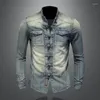 Camicie casual da uomo Camicia di jeans Stile cinese Bottone alla coreana Colletto alla coreana Manica lunga Lavata