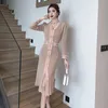 Casual Dresses Fashion Women Double Breasted Sticked Dress Autumn V-Neck High Maisted Split Midi Elegant Bodycon tröja T663