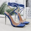 Sandalen 2023 Frauen Sommer 10,5 cm High Heels Lace Up Cross Strap Metall Kette Kristall Römische Sandalen Dame Stiletto Blaue Schuhe