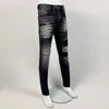 Мужские джинсы Уличная мода Мужчины Ретро Черный Серый Стрейч Slim Fit Рваные кожаные заплатки Дизайнерские хип-хоп Брендовые брюки Hombre