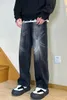 Herrenjeans 2024 selbstgemacht für Männer in ausgewaschener und abgenutzter Hose mit geradem Bein, lockerer, lässiger Trend-Streetwear
