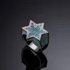 Ny Hexagon Star Silver Color Blue Iced Out Cubic Zircon med sidoningar Ringar Micro Paled Diamond Hip Hop Jewelry For Gifts300w