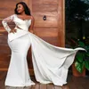 Plus Size Aso Ebi Prom Dresses Mermaid Ivory One Shoulder Long Sleeves Lace Beaded Elegant Evening Dresses for Black Women Engagement Gowns Special Occasions AM305