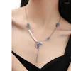 Pendant Necklaces Brass Plating Platinum Y2K Blue Zircon Denim Pearl Necklace 2023