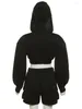 Mulheres Tracksuits XIZOU Dois Peça Define Mulheres Casual Outifits Outono Manga Longa Hoodie Crop Tops Cordão Shorts Feminino Sporty Y2K