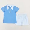 Conjuntos de roupas atacado crianças conjunto de páscoa criança azul manga curta algodão camisa polo listras shorts crianças primavera bebê menino outfit