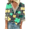 Vrouwen T-shirts 2024 Shirt Blouse Casual Losse 3/4 Mouwen Kanten Versieringen St. Patrick's Day Print V-hals tops T-shirts Tee