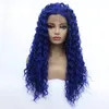 かつらの卸売ディープカーリーレースフロントウィッグブルーヘア暑さ耐性繊維合成レースフロントウィッグガラス