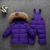 Parka com capuz menino bebê macacão menina inverno para baixo jaqueta quente crianças casaco snowsuit roupas de neve meninas falso pele conjunto 231229