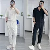 Fatos masculinos oversized moda coreana solto sólido branco conjunto de manga curta camisa superior calças casuais confortáveis duas peças verão