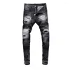 Mäns jeans street mode män retro svart grå stretch smal fit rippad läder lapped designer hip hop varumärke byxor hombre