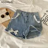 Yaz vintage tatlı lolita stil denim şort kadınlar Koreli sevimli dantel fırfırlar yay kısa pantolon kadın haruku şık punk kot pantolon