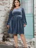 Plus Size Jurken Winter Mode Effen Kleur Jurk Vrouwen Casual Ronde Hals Lantaarn Mouw Hoge Taille Grote Zoom