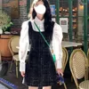 Vestidos de trabajo Universidad coreana Polo Cuello Camisa Correa Vestido a cuadros Conjunto de dos piezas Moda para mujer Mangas de burbuja lindas Temperamento Traje de otoño delgado