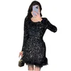 Women's o-neck long sleeve paillette sequined shinny bling feather ostrich fur bottom sexy dress SML