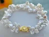 Beaded FREE SHIPPING 2row WHITE BAROQUE KESHI REBORN PEARL BRACELET