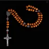 ペンダントネックレス木製のビーズクロスロングチェーンロザリオイエスコインの宗教的な祈りの宝石