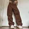 Women Cargo Pants Casual Vintage Drawstring Tech Joggers Sweatpants Hip Hop Streetwear Beige Baggy Trousers Pant