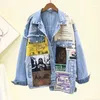 Jaquetas femininas vintage manga cheia apliques spaper padrão tamanho grande preto denim jaqueta lazer tendência casaco 2023 outono jeans