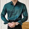 Men's Casual Shirts British Men Glossy Zebra Pattern Long Sleeve Shirt Slim Dark Spring Green Camisa Social Masculina Dress