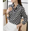 Kvinnor Bluses Women Clothing Fashion Vintage Plaid Tryckt Chiffon Shirts Spring Elegant Chic Casual Loose Turn-Down Collar Button Top