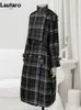 Lautaro Autumn Winter Long Loose Warm Plaid Wool Blends Trench Coat For Women Raglan Sleeve Belt Double Breasted Woolen Overcoat 231229