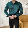 Men's Casual Shirts British Men Glossy Zebra Pattern Long Sleeve Shirt Slim Dark Spring Green Camisa Social Masculina Dress