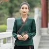 Roupas étnicas 2023 Chinês Nacional Estilo Retro Mulheres V-Pescoço Manga Longa Bordado Cetim Jacquard Hanfu Tang Terno Top T001