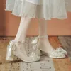 Sukienka buty Bow Mary Jane dla kobiet kwadratowy palca gęsta pięta wygodna wysoka obcasy Pearl Ribbon Banquet Singal Single